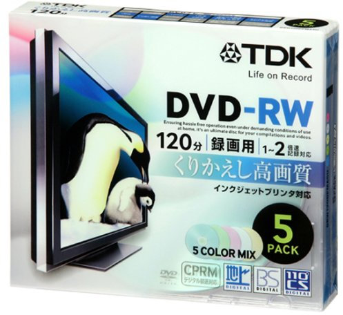 TDK Re-writable DVD-RW CPRM support 4.7GB 120min 1-2x 5color mix Inkjet printable 5pack 5mm slim case DRW120DPMA5U (Japan Import)