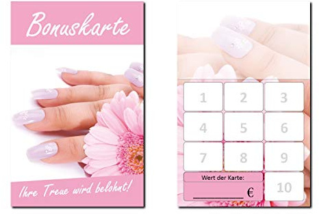 100 Stück Bonuskarten Nagelstudio Rosa Nägel Wellness Kosmetik (BOK-421) mit 10 Stempelfeldern Treuekarten Massage Beauty