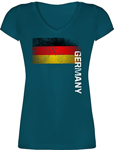 T-Shirt Damen V Ausschnitt - Fußball EM WM - Deutschland Flagge Adler Germany - M - Türkis - Deutschland. Tshirt fußball-Fanartikel Europameisterschaft German Frauen Shirt Deutschland-t-Shirt