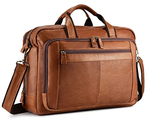 UBaymax Leder Aktentasche Laptoptasche Herren, Vintage Ledertasche Businesstasche für bis 17 Zoll Laptop, Klassische Echt-Leder Schultertasche Arbeitstasche Messenger Tasche (Braun)