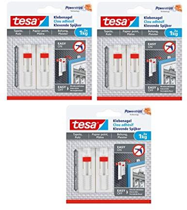 tesa Verstellbarer Klebenagel (für Tapeten und Putz, Höhenverstellbarer, selbstklebender Wandnagel (1 kg | 6 Nägel)
