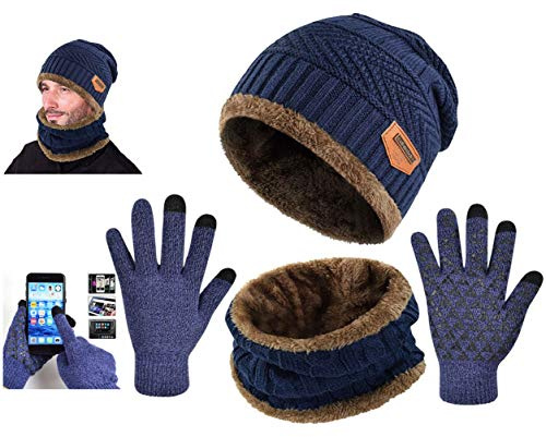 Tuopuda Thermal Knitted Hat and Scarf Gloves Set Chunky Fleece Lining Neck Warmer Touch Screen Gloves,Outdoor Sports Warm Set for Skiing/Hiking/Running/Driving