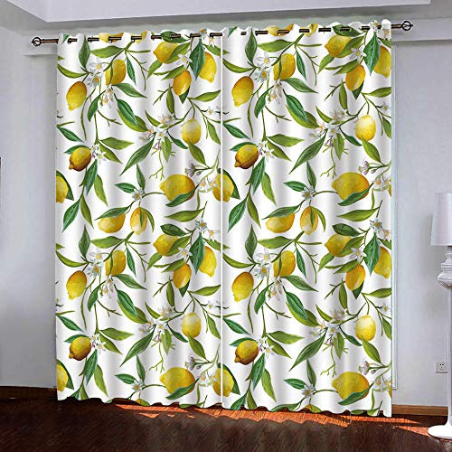 Verdunkelungsvorhang Ösen 2Er Set Gelbes Zitronenmuster Vorhang Blickdicht Ösenschal Vorhänge Küche Gardinen Blickdicht Thermo Gardinen Für Raum Verdunkeln, 150X166Cm