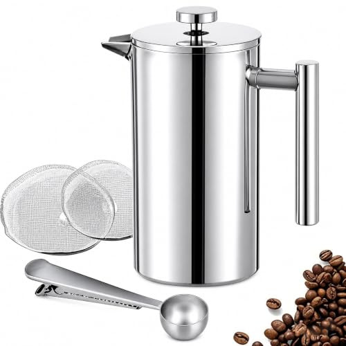 Meelio 12 oz / 350 ml Stainless Steel French Press Coffee Maker, Double-Wall Insulated Small Coffee Press with 2 Extra Filters and Coffee Spoon, Single Serve French Press for Home, Office and Camping