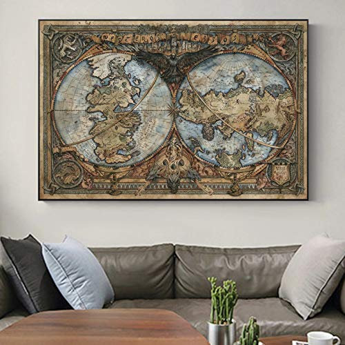 N / A Dekorative Drucke aus Leinwand Weltkarte Leinwand Malerei Throne Spiel TV Spielen Plakate und Drucke Wandkunst Bild für Wohnzimmer Dekor-60x80cm