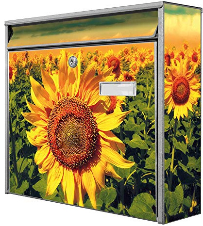 banjado® Burg-Wächter® Briefkasten mit Motiv Sonnenblumen/Briefkasten ohne Zeitungsfach 32x36x10 cm groß/Briefkasten mit Namensschild A4 Einwurf inkl. Montagematerial & 2 Schlüsseln
