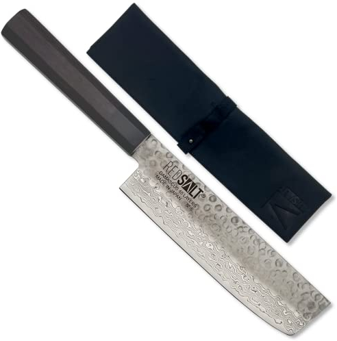 REDSALT® Professional Series NAKIRI 菜切 17cm Damaststahl 69 Lagen Gemüsemesser handgefertigt in Japan | Profi Kochmesser Messerscheide Ledertasche | Damast Klinge | Damastmesser Küchenmesser