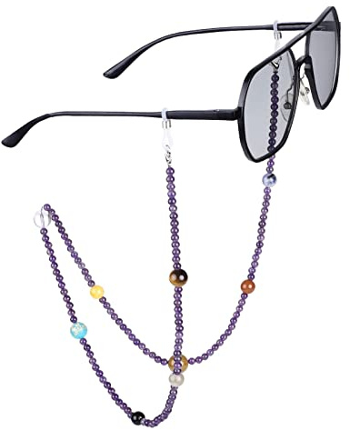 KYEYGWO Amethyst Kristall Perlen Brillenkette für Damen und Herren, Neun Planeten Brillenband Stein Brillenkordel Edelstein Kette Brillenschnur für Myopiebrille, Sonnenbrillen, Lesebrillen