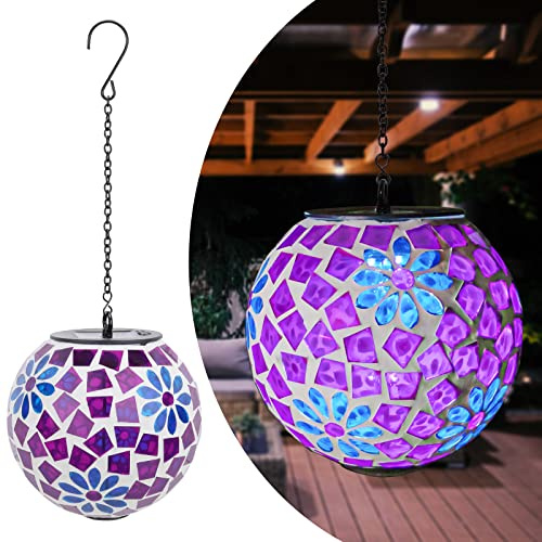 Solar Hanging Lantern Solar Outdoor Lanterns Mosaic Gazing Ball Outdoor Hanging Lights Outdoor Lights Waterproof Garden, Patio, Pathway & Yard Décor Purple