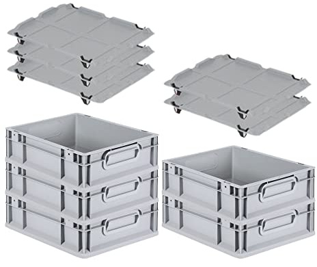 PROREGAL SuperSparSet 5x Eurobox NextGen Economy mit Auflagedeckel und 4x Schiebeschnappverschlüsse Schwarz, Griffe geschlossen, HxBxT 12x30x40cm, 11L, Eurobehälter, Transportbox, Transportbehälter