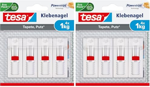 tesa 77774 - Clavo adhesivo ajustable (para papel pintado y yeso, altura regulable, autoadhesivo, hasta 1 kg de potencia de sujeción por clavo), 4 unidades, color blanco (Paquete de 2)