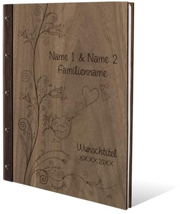 Personalisiertes Stammbuch Hochzeit aus echtem Holz mit Leder Rücken A5 oder A4 inkl. vorgedruckten Seiten - Liebesbaum