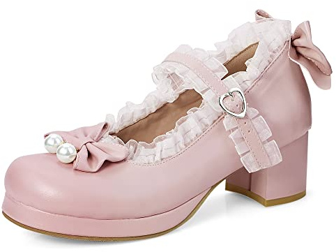 elerhythm Damen Mary Jane Plattform Kawaii Bow Pearl Chunky Ankle Strap Block Heels Spitze Nette Cosplay Kleider Runde Zehe Schuhe（Rosa EU41）