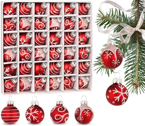 BRUBAKER 36-teiliges Set Weihnachtskugeln mit 3 cm Baumkugeln | Handbemalter Christbaumschmuck Mini Kugeln für Weihnachtsbaum und Weihnachtsdeko - Weihnachtsbaumkugeln aus Glas - Rot