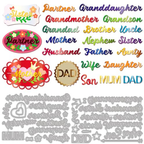 MAYJOYDIY 31pcs Family Member Cutting Dies, Mother/Father/Wife/Son Word Die for Card Making, Metal Craft Die Cuts Carbon Steel Embossing Stencils for Birthday Cards Album Photo Scrapbook Decoration
