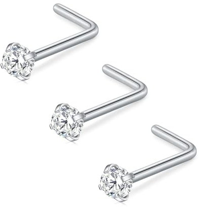 FECTAS 20G Piercing Naso Anello Acciaio Inossidabile Donna Uomo Nose Stud Ring L Forma Piercing Naso 2,5mm Diamond CZ Nostril Argento 3 pz