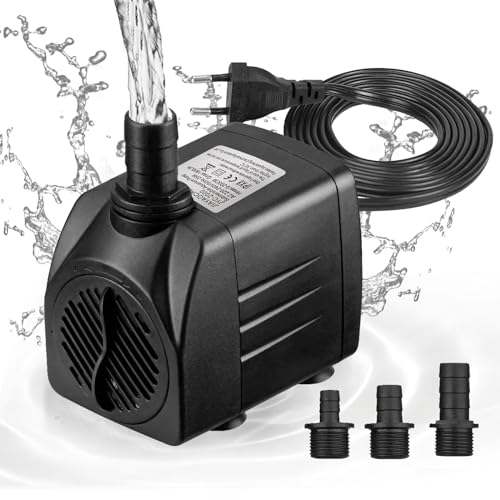 Mini Wasserpumpe, (1800L/H, 25W) Teichpumpe/Brunnenpumpe/Aquarium Pumpe, Springbrunnenpumpe Maximale Sprühhöhe 2m, Saugnäpfe an der Unterseite, 1,8 m Steckerkabel mit 3 Düsen, Geräuscharm