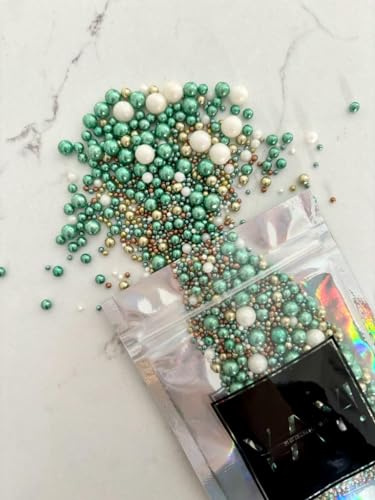 Edible Glitzy Green Sprinkles Mix 45g | Metallic Sugar Pearls & Balls | Cake Cupcake & Cookie Decorations | Baby Shower Wedding Birthday Baking Toppings