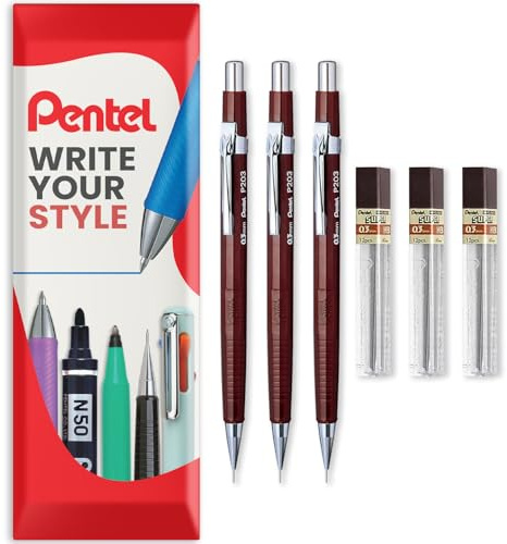 Pentel P200 Serie Automatische Druckbleistifte – HB-Mine – 3 x Bleistifte + 3 Tuben Nachfüllminen – in Kissenverpackung (P203 (0,3 mm))