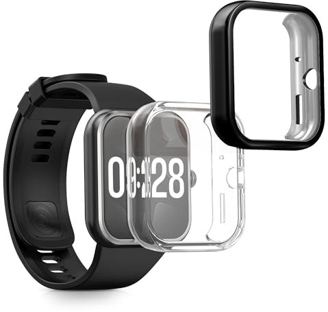 kwmobile Carcasa Compatible con Xiaomi Redmi Watch 4 Funda - 2X Protector Pantalla Completo - Ultrafino y antigolpes - Transparente/Negro