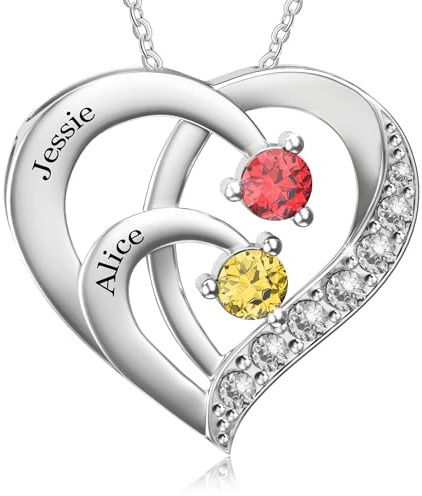 Easycosy Namenskette mit Gravur - personalisierte Kette Damen silber 925 mit 2 3 4 Namen Herz Anhänger Geburtssteinen Halskette - Valentinesgeschenke für Mama Frauen Freundin Oma zum Valentinestag