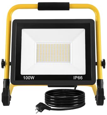 FIVMEN Baustrahler 100W 8500LM LED Strahler Arbeitsleuchte mit Standgestell und 3m Kabel Stecker Baulampe Flutlicht Wasserdicht IP66 für Garage Werkstatt Baustelle, Warmweiß
