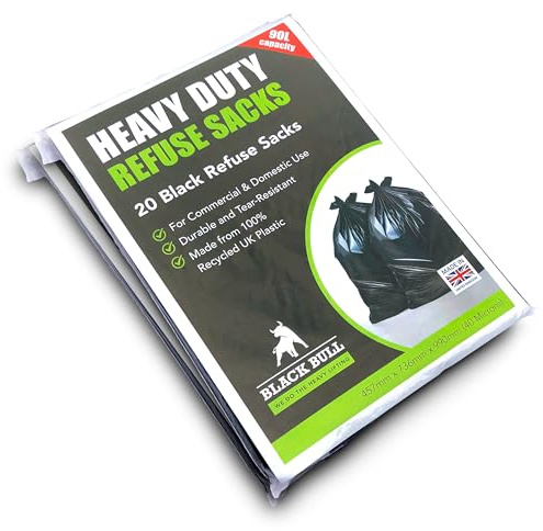 20 Heavy Duty Black Refuse Sacks - Extra Strong Bin Bags for Industrial, Commercial, and Domestic Use - Tear-Resistant, Perfect for Kitchen, Office DIY and Garden, 100% Recycled Plastic