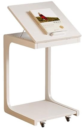 Überbetttisch mit Rollen Nachttisch aus Massivholz, Multifunktionaler Nachttisch mit Flip Top Deckel, Beistelltisch C Form Eiche, für Zuhause, Krankenhäuser(White,40x39x63cm)
