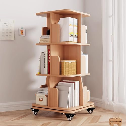 Drehbares Bücherregal mit Rädern, 3 Stöckiges Bücherturm für Kleine Räume, Massives Holzregal Als Bodenstehendes Bücherregal, Aufbewahrungsregal, Vitrine für Schlafzimmer, Wohnzimmer(Brown)