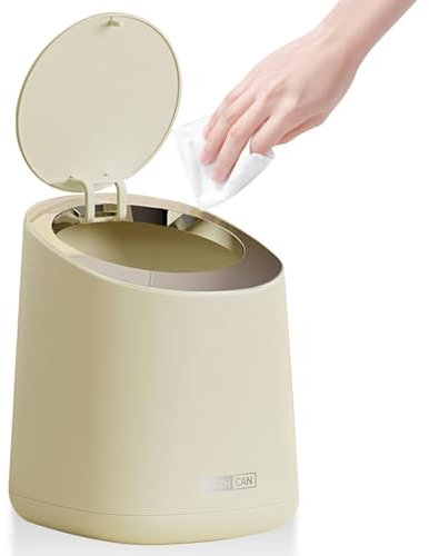 Bailtouk Tischmülleimer mit Deckel, 2L Mini Mülleimer mit Aufpoppen, Plastik Tischabfalleimer Klein Mülltonne für Schreibtisch, Küche, Büro, Schlafzimmer, Cremefarbe (13×14.7×17cm)