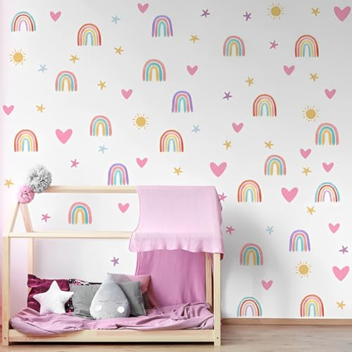 Wandtattoo Regenbogen, 82 Stück Wandtattoo Kinderzimmer, Wandtattoo Mädchenzimmer, Boho Wandtattoo, Wandaufkleber Babyzimmer Wanddeko, Boho-Stil-Aufkleber für Mädchen Jungen Baby