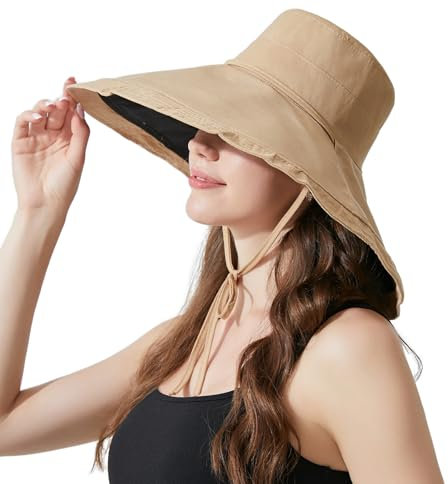 Huakunda Damen Sonnenhut mit Extra Breiter Krempe Reversibel UV-Schutz Outdoor Wanderhut, Leicht Atmungsaktiv für Camping Strand Reisen (DE/NL/SE/PL, Alphanumerisch, Einheitsgröße, Khaki)