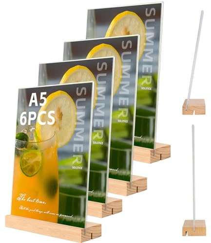 Tel Charme * 6-Pack A5 Acrylschildhalter mit Holzstandfuß – Zweiseitiger Werbeaufsteller für Speisekarten, Poster, Hochzeiten & Gastronomie – Klarer Tischständer (A5, T-Form)