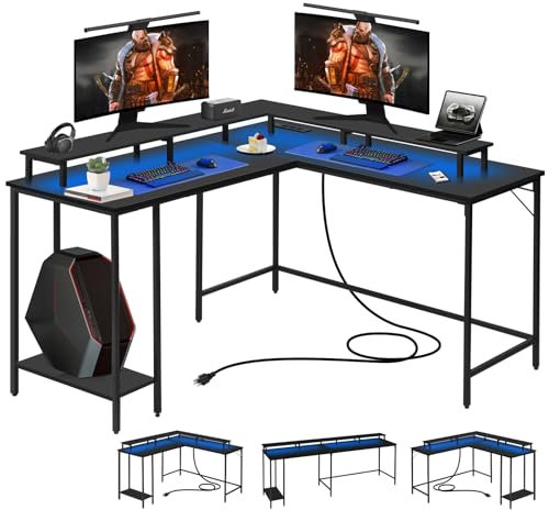 Panana L Shaped Computer Desk with LED Lights, and Power Outlet & USB Port, 103cm Reversible Corner Workstation Writing Desk with Shelves Home Office & Gaming Desk (Black)