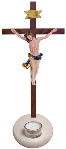 Kaltner Präsente Geschenkidee – Holzkreuz Teelichthalter Standkreuz Kruzifix aus Echtholz Buche und Ahorn mit Teelicht Kreuz Nussbaum mit Jesus Christus Figur aus Kunststein handbemalt (Höhe 35 cm)