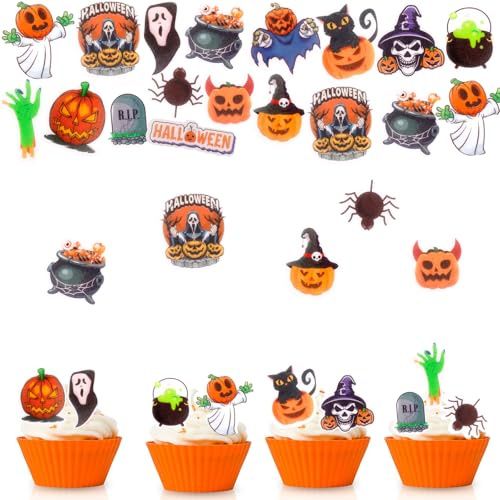 ENLACE Hexe Tortendeko Halloween Kuchen Deko Essbar,60 Stück Kürbis Muffin Deko Halloween Cupcake Dekoration,Esspapier Tortendeko Geist,Kürbis RIP Kuchendeko Halloweenparty Horror Dekoration