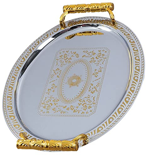 BESTYASH Plateau De Service Ovale Xs 32x24 Cm En Métal Inoxydable Argenté Bord Doré, Assiette à Fruits Et Collations, Usage Maison Et Réception, Plateau Décoratif Pour Apéritifs Et Rangement De Snacks