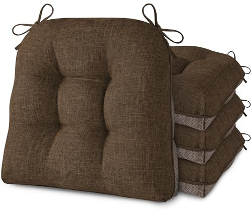 AddGrace Sitzkissen für Esszimmerstühle 4er-Pack 46x44x8cm Kaffeebraun | mit rutschfester Unterseite und Bändern, geeignet für die meisten Esszimmer- und Küchenstühle, strukturierter Stoff, bequem
