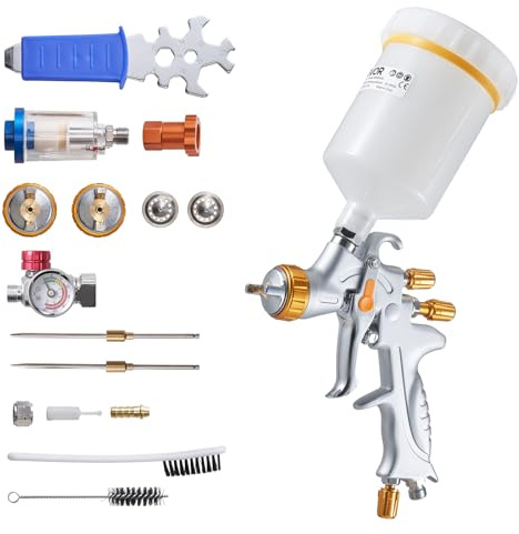 VEVOR HVLP Air Spray Gun, Gravity Feed Paint Sprayer Gun with 3 Nozzles (1.3/1.4/1.7mm), 600ml Capacity Auto Paint Sprayer with Air Regulator for Automotive Primers, Clear Coats & Topcoats