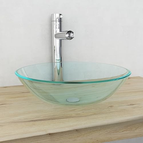 QJBSAVVA Lavabo in vetro temperato da 42 cm, trasparente, con foro di scarico da 4,5 cm, robusto e facile da pulire, per bagno e toilette da donna