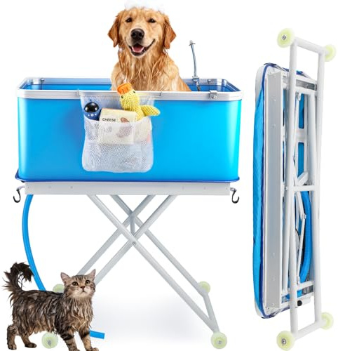 NEWTRY Baignoire surélevée pour Animaux de Compagnie - Grande capacité | Pliable - Hauteur réglable - Pour chiens et chats de petite à moyenne taille - Bleu