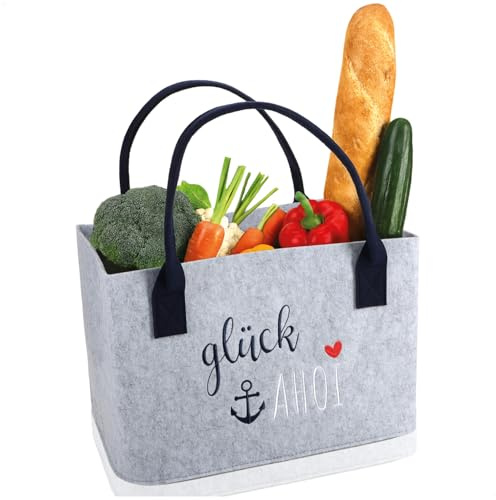 com-four® Filz-Shopper mit Henkel, Kaminholz-Tasche 40 x 26 cm | Tasche mit maritimem Spruch für Strand - Einkauf & Freizeit - faltbarer Aufbewahrungskorb aus Filz