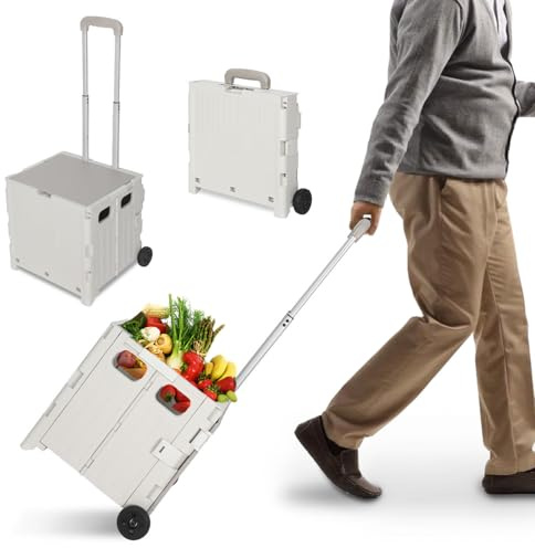 Peviasot Trolley per la spesa pieghevole, 45 litri, 2 ruote grandi, asta regolabile, portata fino a 40 kg, aiuto per la spesa salvaspazio per il mercato settimanale e lo shopping (bianco)