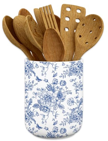 JarThenaAMCS Chinoiserie Floral Ceramic Utensil Holder Blue Flower Butterfly Utensil Crock for Home Kitchen Countertop Storage Organizer Container
