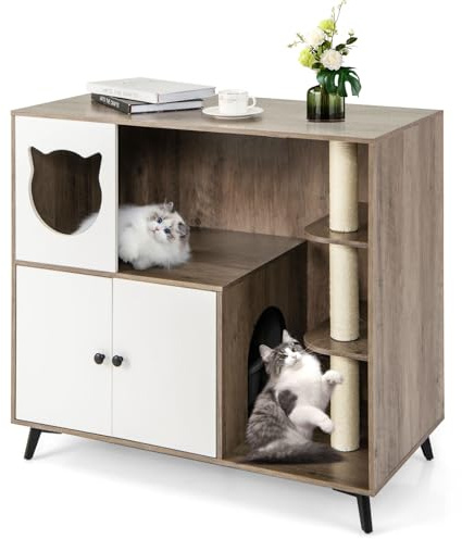 COSTWAY Katzenklo Schrank mit Kratzbaum, Katzenschrank für Katzentoilette mit Katzenhaus, Eingang, 2 Türen, Sisalstamm & Metallbeinen, Katzenmöbel Katzen, 100 x 50,5 x 91 cm, Grau