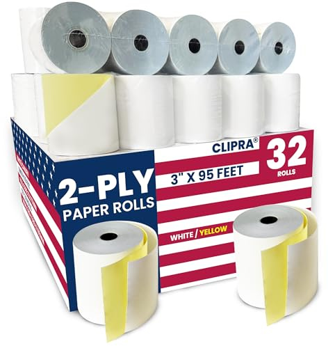 (32 Rolls) 2 Ply Bond Kitchen Printer Paper White/Yellow Carbonless Rolls 3” x 95 Feet Receipt Rolls–Compatible with Star SP700 Printer Paper, SP2000 UP389 & Omni 480 220–Ribbons Required–Non Thermal