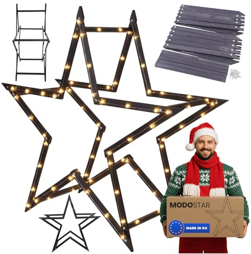 MODO24 DIY Stern MODOSTAR 3D Weihnachtsstern Set aus FSC Holz, Sternabmessungen: 139 cm, zum Aufstellen im Garten & Terrasse, wetterfest, faltbar & stabil, Weihnachtsdeko, Farbe: Schwarz imprägniert