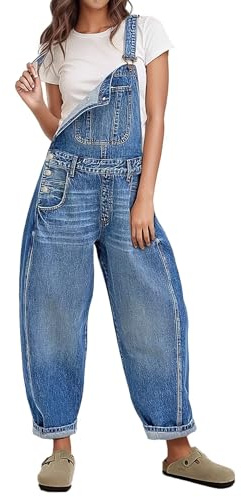 Flamingals Barrel Leg Stitch Detail Button Side Denim Overalls for Women Casual Jumpsuits with Pockets Mid Blue M