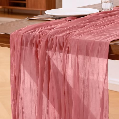 Käsetuch Tischläufer Korallenrosa, 300 x 90 cm Boho Gaze Tischläufer Cheesecloth Läufer für Hochzeit, Geburtstagsfeiern, Babyparty, Weihnachten und Silvester von Tisch Dekoration