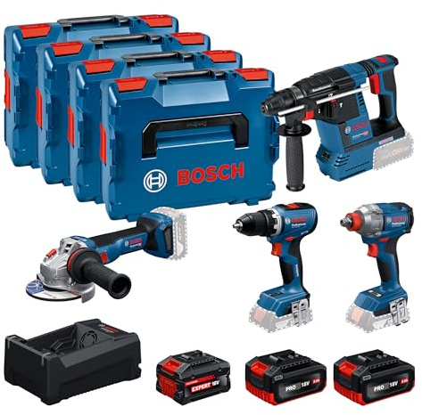 BOSCH PRO 18V System Combo-Kit: GSR 18V-65, GDX 18V-285, GBH 18V-26, GWS 18V-11, 2x GBA 18V 5.0Ah, 1x EXBA 18V 5.5Ah, GAL 12V/18V-80, 4x L-BOXX 136